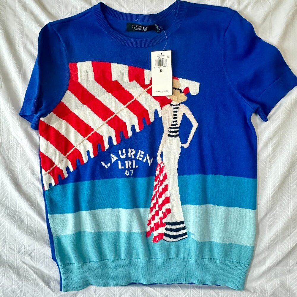 LAUREN RALPLH LAUREN NWT KNIT SHORT SLEEVE RETRO BEACH THEME BLUE SZ M
